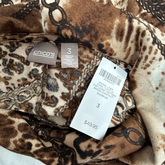 Chico's Womens Animal Links Cowl Neck Tunic Top Size 3 Brown & Beige Knit New - Picture 3 of 8